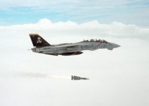A VF-103 F-14B Tomcat firing an AIM-54 Phoenix missile. (Photo Robert Sullivan (CC BY-NC-SA 2.0))